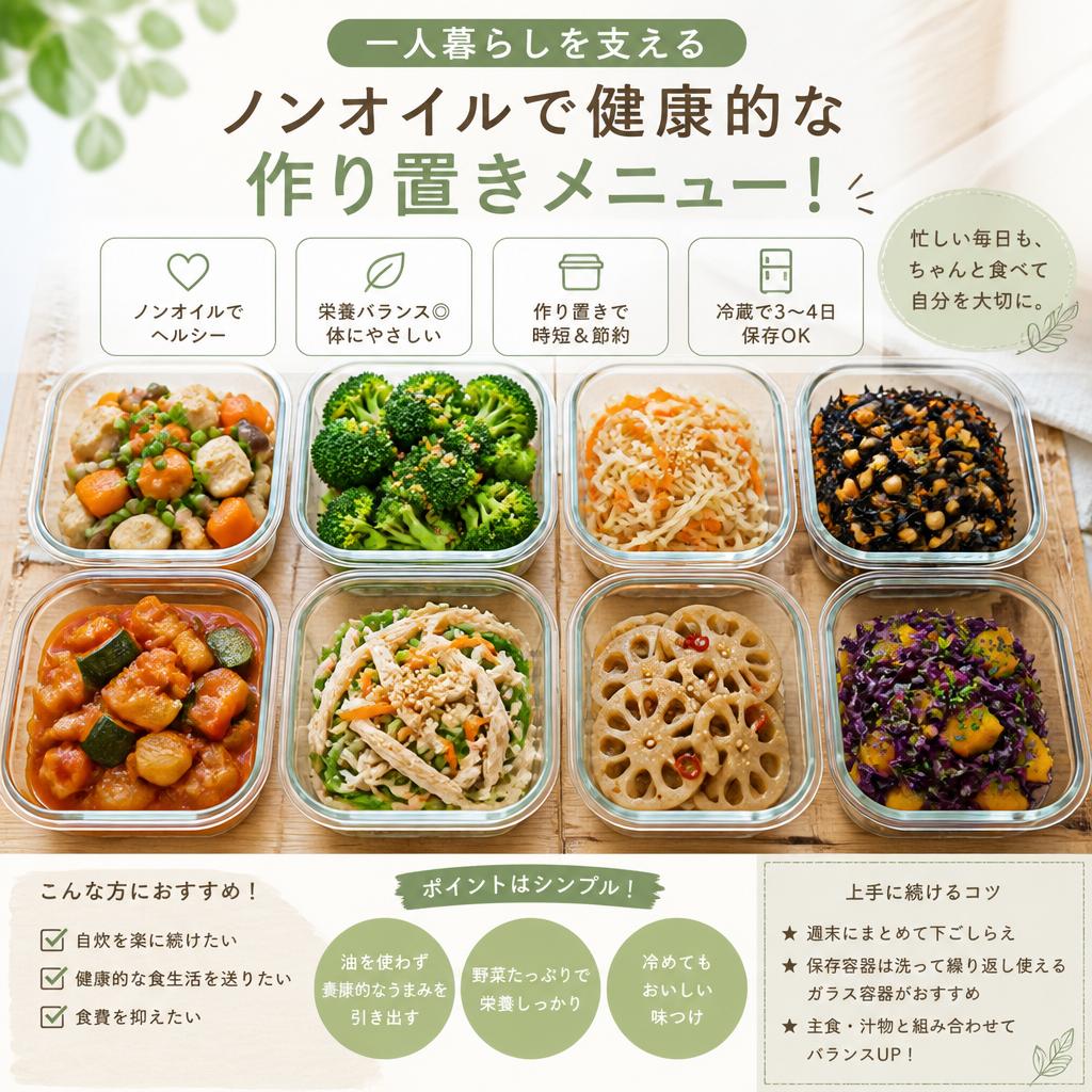 一人暮らしを支える、ノンオイルで健康的な作り置きメニュー！