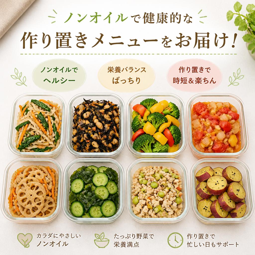 ノンオイルで健康的な作り置きメニューをお届け！
