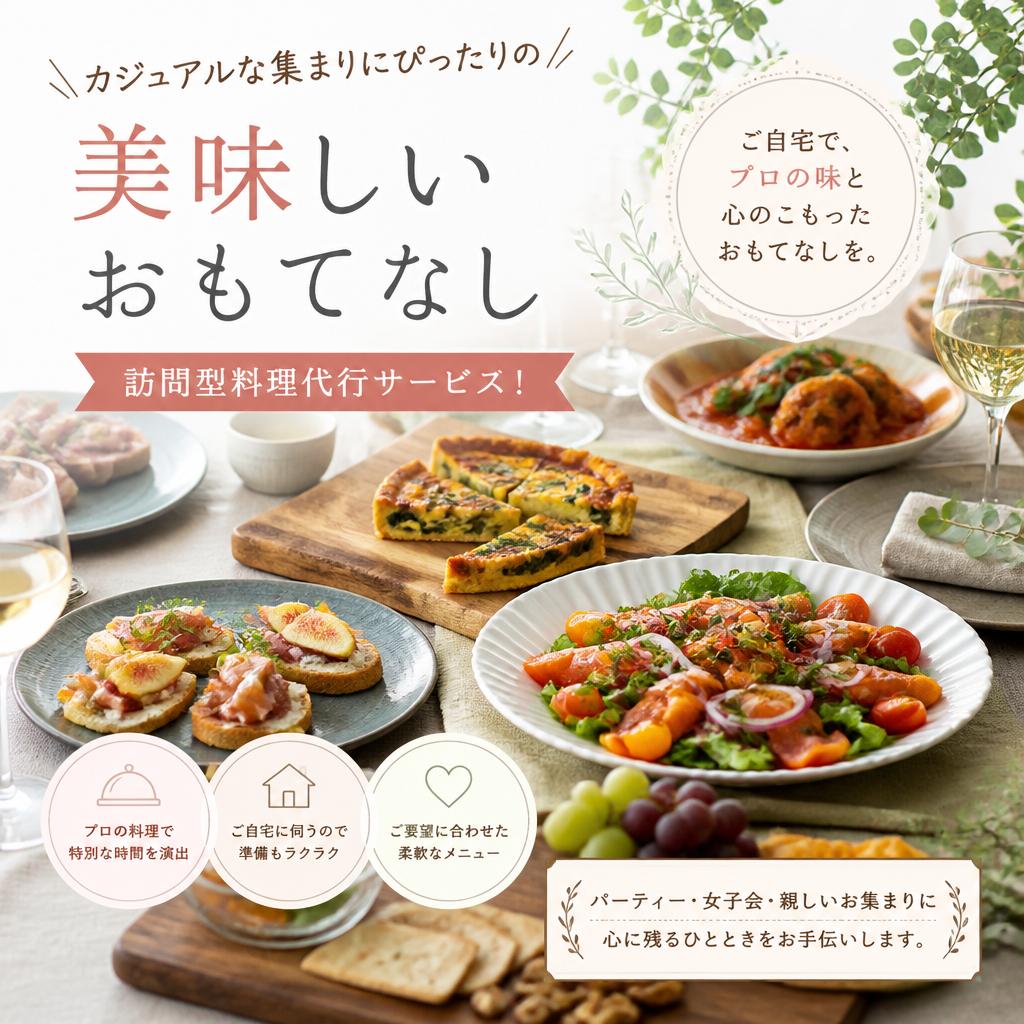 カジュアルな集まりにぴったりの美味しいおもてなし、訪問型料理代行サービス！