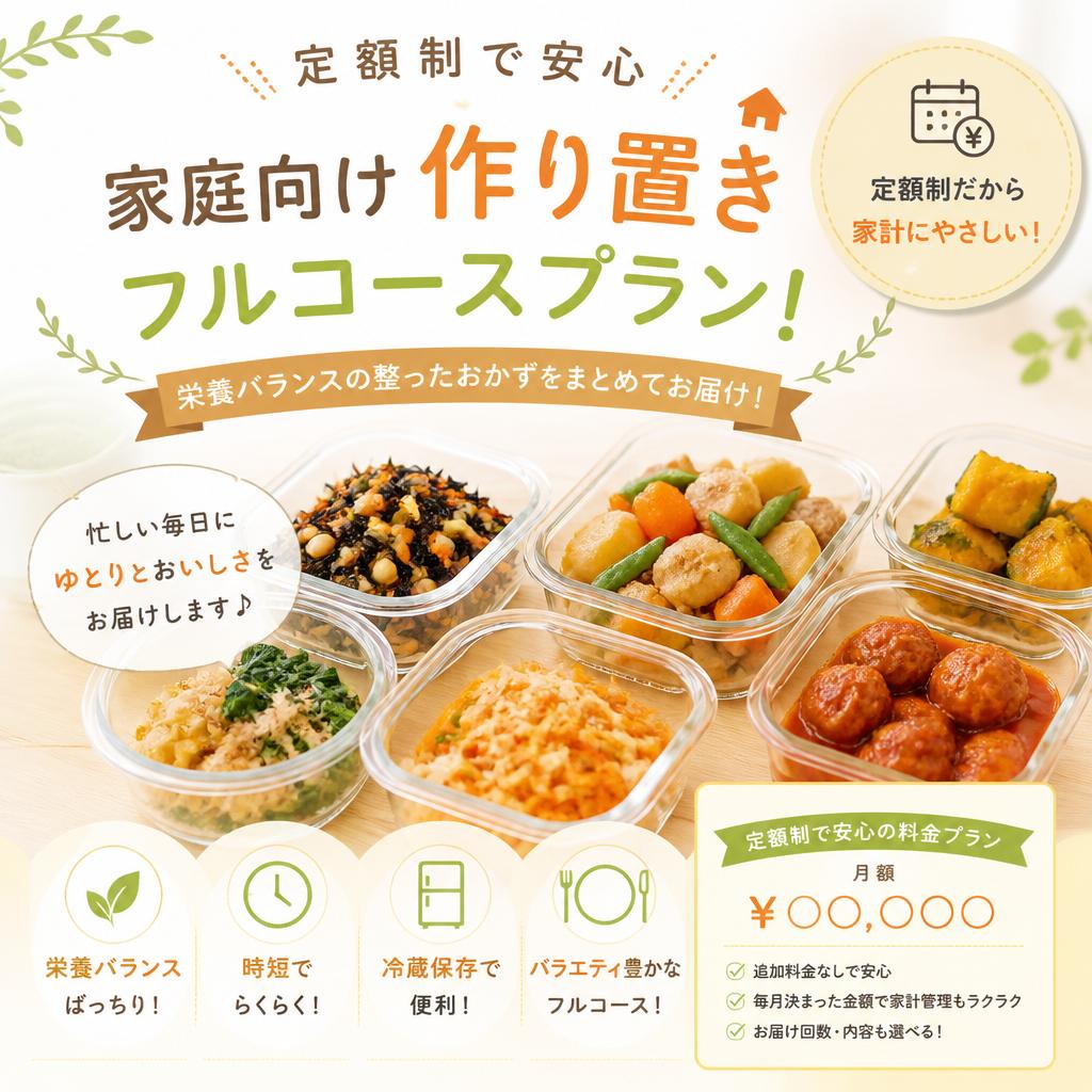 定額制で安心、家庭向け作り置きフルコースプラン！