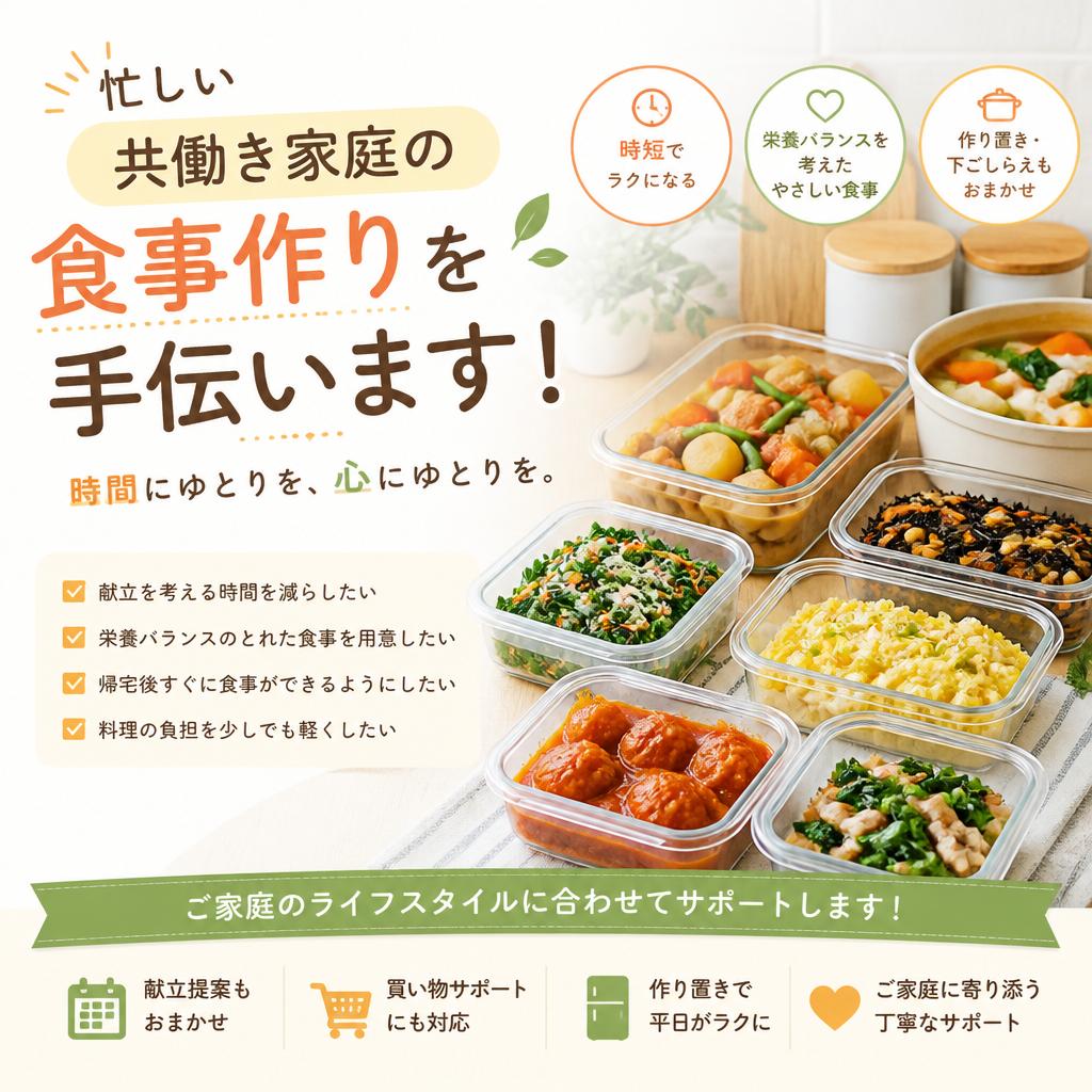 忙しい共働き家庭の食事作りを手伝います！