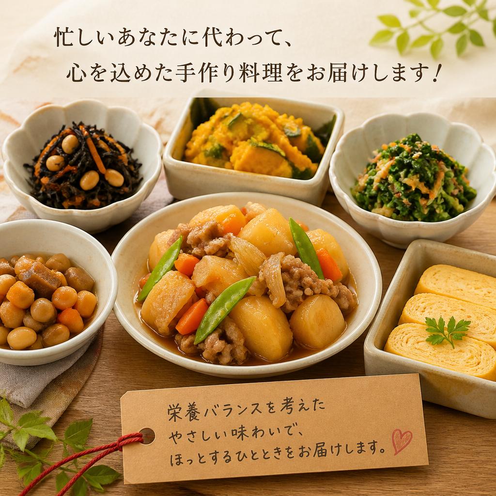 忙しいあなたに代わって、心を込めた手作り料理をお届けします！