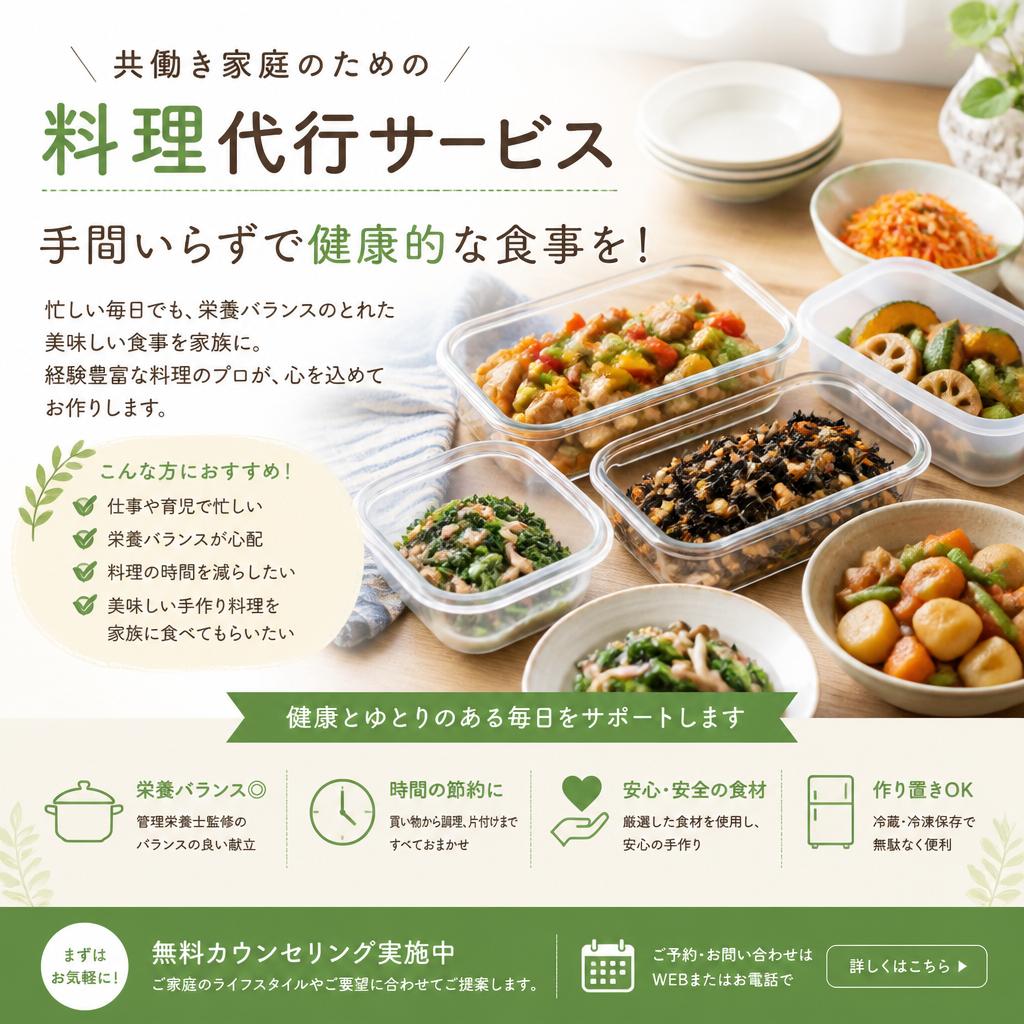 共働き家庭のための料理代行サービス。手間いらずで健康的な食事を！