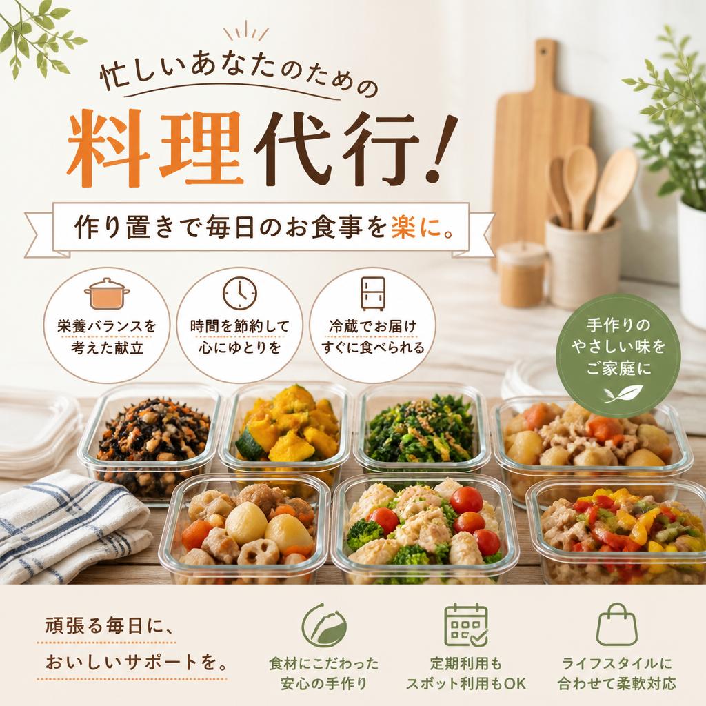 忙しいあなたのための料理代行！作り置きで毎日のお食事を楽に。